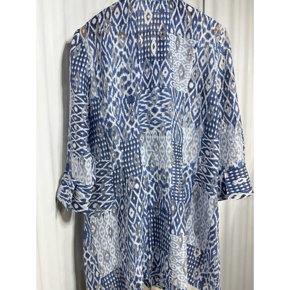 Samuel Dong Ikat Sheer Jacket Blue White Art Print Lightweight Coat SZ L - Picture 2 of 12
